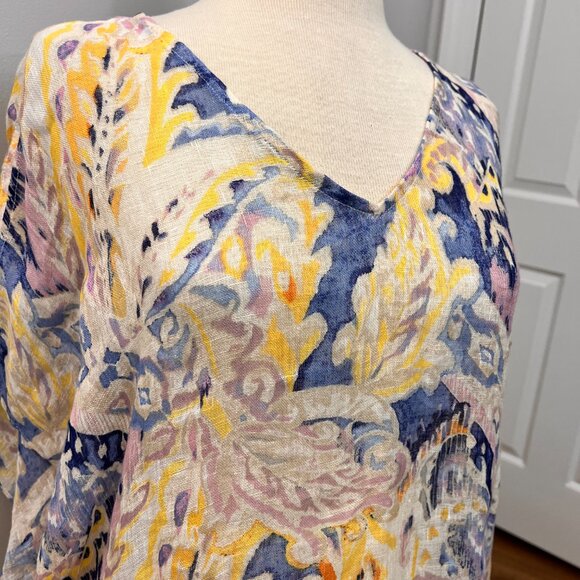 Chicos Linen Weave Poncho Cape Watercolor Paisley Crochet Fringe L/XL - Picture 5 of 13